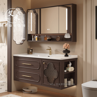 法式复古橡木实木浴室柜组合岩板无缝陶瓷一体盆洗漱台卫浴柜定制