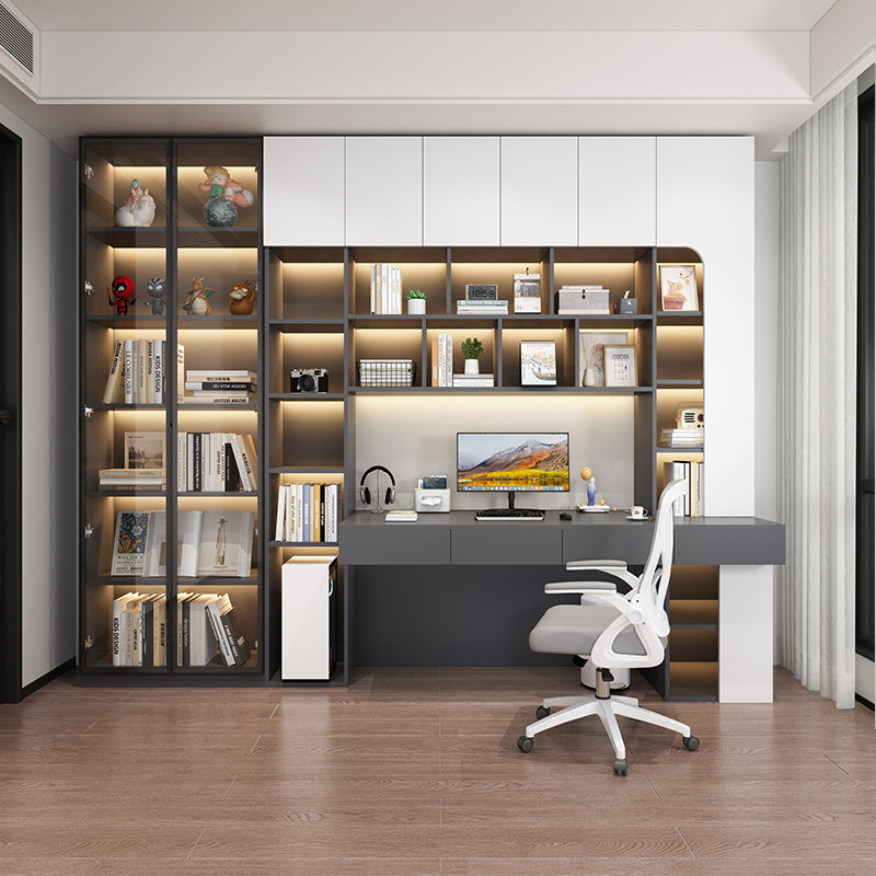 书柜书桌一体整墙到顶定制组合书柜家用书房电脑桌简约储物学习桌