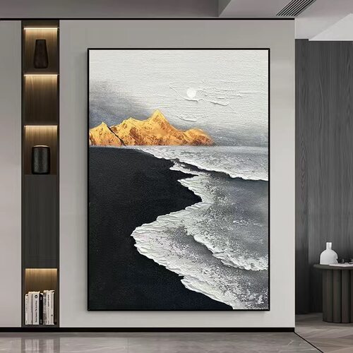 大幅黑白抽象客厅落地画玄关仿肌理装饰画简约立体感海浪沙滩挂画
