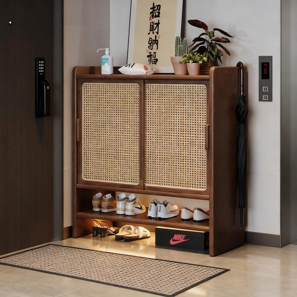 MOER实木鞋柜门口储物柜入户玄关柜一体靠墙藤编防尘鞋架小户型