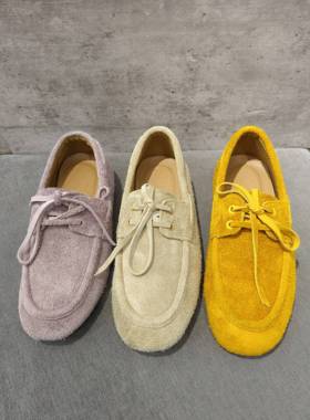 -Kamp-K复古真皮磨砂皮蝴蝶结平底圆头平底单鞋勃肯鞋豆豆鞋女