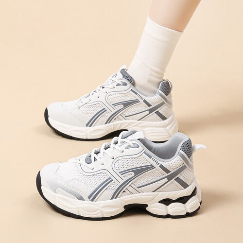 -K 2026新款真皮厚底老爹鞋女百搭圆头系带时尚透网休闲运动鞋