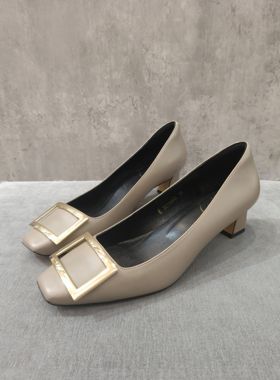 -Kamp-K2025春夏新款马蹄跟方头方扣粗跟浅口单鞋女高跟鞋工作鞋