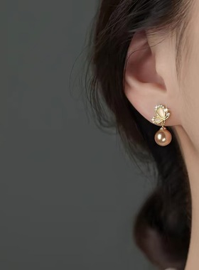 S925纯银针蝴蝶香槟圆珠耳钉女2025新款小众设计高级感气质耳饰