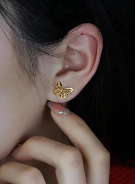 国潮时尚新款金仙气蝴蝶结耳环女镂空花丝在逃公主黄金色耳钉耳饰