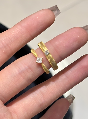 金色中古风方糖戒指女小众复古设计感素圈锆石开口指环情侣对戒潮