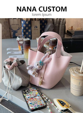 真皮粉色菜篮子包真皮水桶包包女