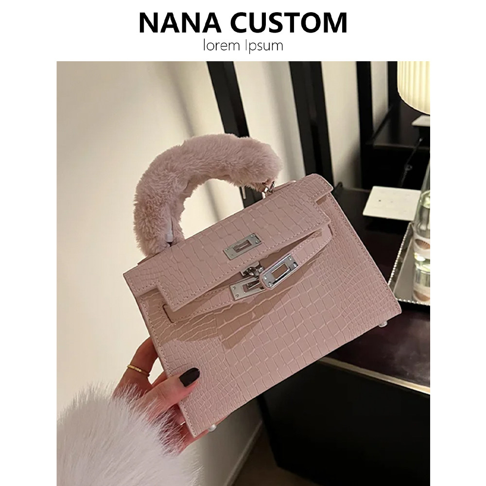粉色鳄鱼纹二代小方包女高级感毛毛手提包2026春夏迷你单肩斜挎包