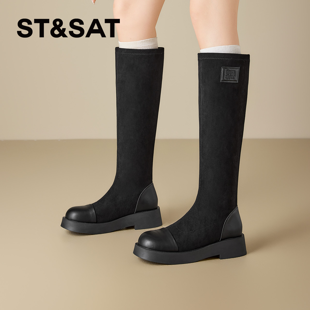星期六舒适百搭简约时尚长筒靴2025年秋季新款粗跟高筒骑士靴女靴