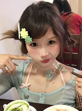 小众水果古早风绿色四叶草立体布艺发卡甜美少女碎发刘海边夹头饰