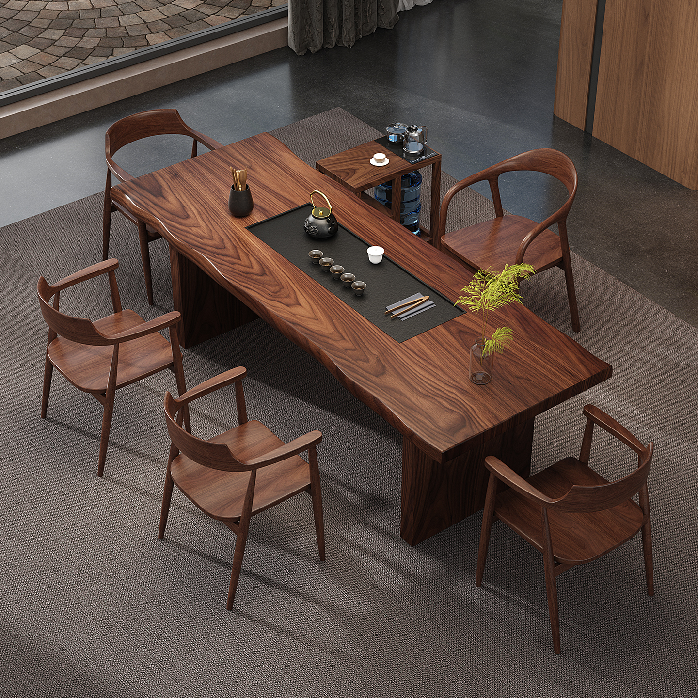 黑胡桃木大板办公室泡茶桌椅组合