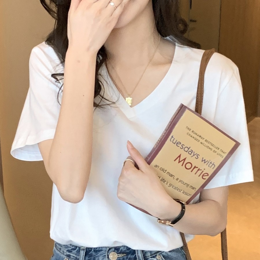 v领t恤女短袖白色宽松显瘦2025年夏季新款纯棉正肩鸡心领纯色上衣