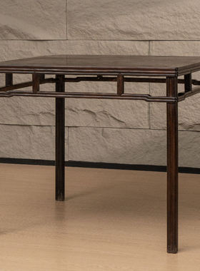 清早期紫檀劈料裹腿罗锅枨矮栳八仙桌古董家具小叶紫檀文方桌书房