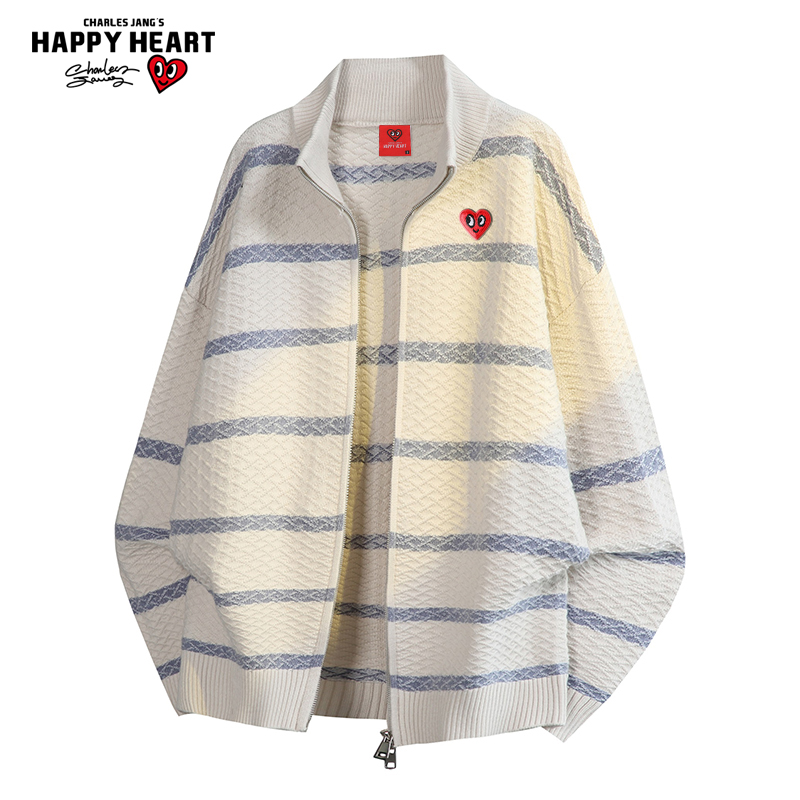 查尔斯桃心美式菱形格撞色开衫毛衣男春秋冬季立领休闲针织衫外套