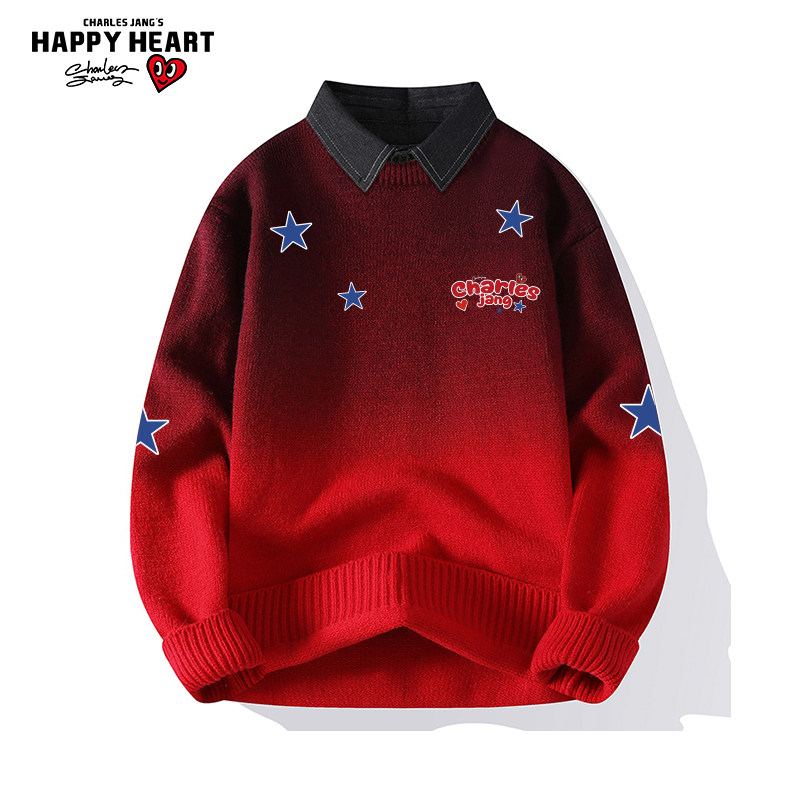 查尔斯桃心星星印花衬衫领渐变毛衣男女冬季