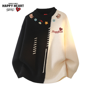 查尔斯桃心美式圆领毛衣男女冬季图案印花撞色拼接设计感针织上衣