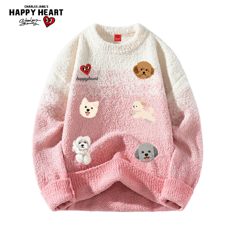 查尔斯桃心小狗印花渐变慵懒圆领毛衣男女冬