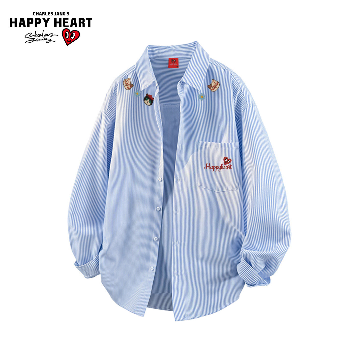 查尔斯桃心条纹小猫印花长袖衬衫男女春秋季新款纽扣潮牌衬衣外套