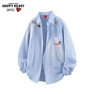 新款 男女春秋季 纽扣潮牌衬衣外套 衬衫 查尔斯桃心格纹小猫印花长袖