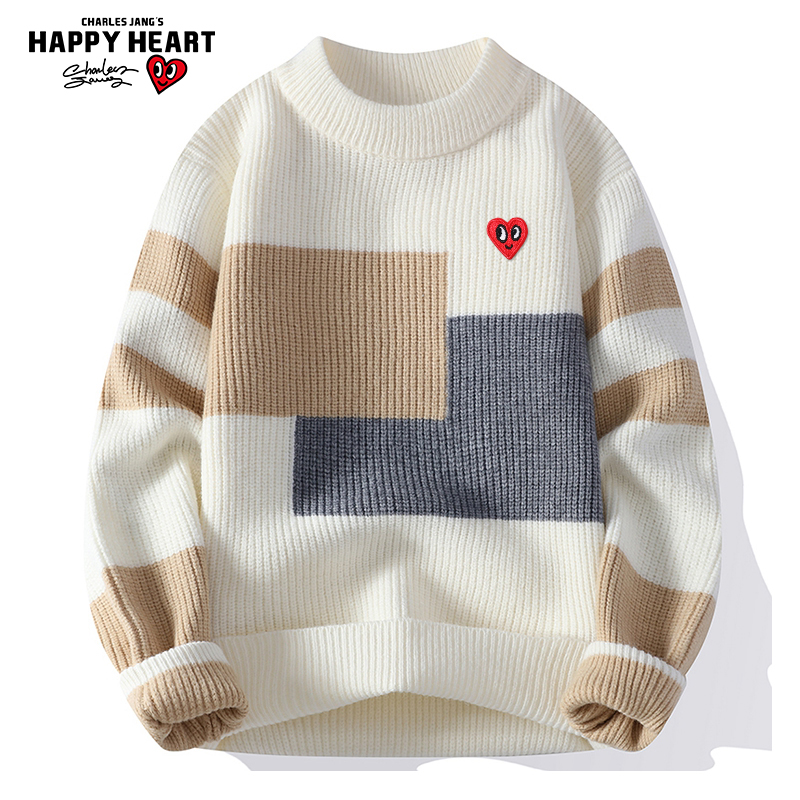 查尔斯桃心 加绒加厚撞色毛衣男2025年秋冬季圆领套头打底针织衫