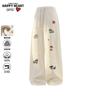 小狗印花潮牌宽松直筒休闲长裤 新款 子男冬季 查尔斯桃心加绒加厚裤