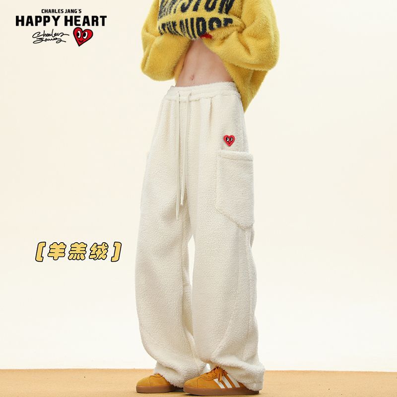 查尔斯桃心美式口袋羊羔绒弯刀裤男女冬季加