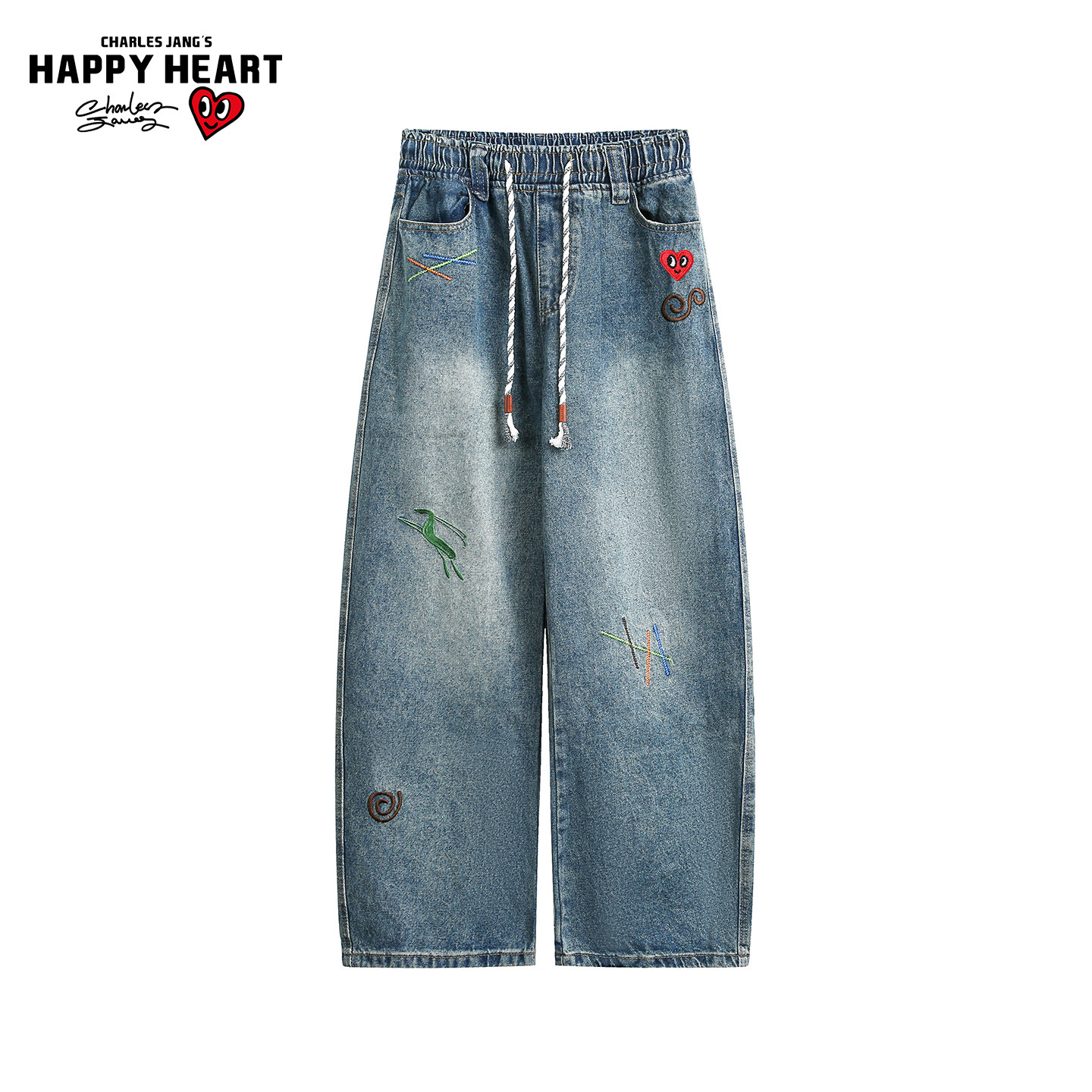 查尔斯桃心复古牛仔裤春秋宽松水洗抽绳卡通印花高街百搭情侣长裤
