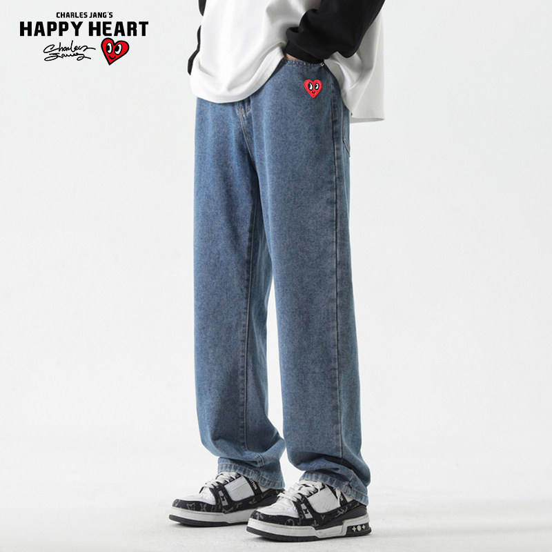 查尔斯桃心 牛仔裤子男爱心刺绣春秋季宽松直筒2025新款水洗长裤