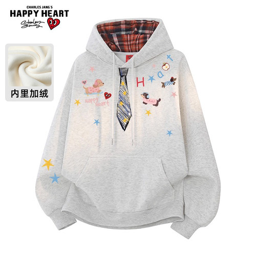 查尔斯桃心加绒格子卫衣男连帽