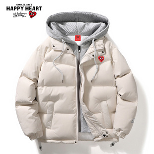 查尔斯桃心2025冬季假两件连帽羽绒服男短款休闲宽松加厚御寒外套
