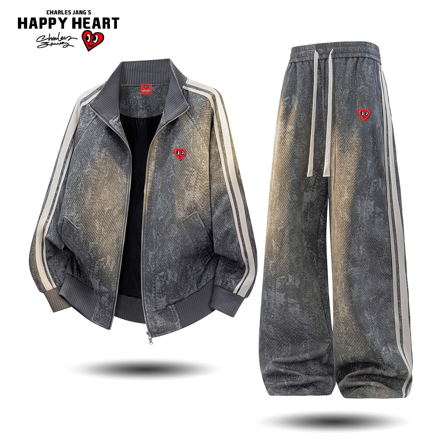 查尔斯桃心美式复古立领夹克休闲运动套装男女春秋季条纹直筒长裤