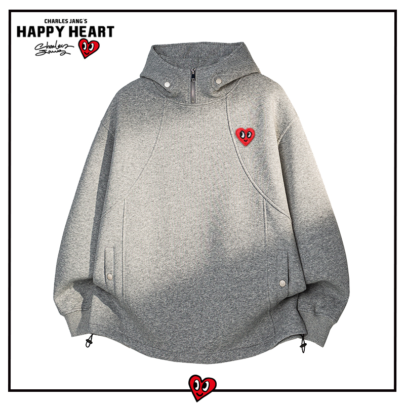 查尔斯桃心美式解构拼接设计感连帽卫衣男春秋宽松潮流情侣上衣服