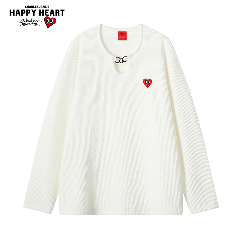 查尔斯桃心设计感领口长袖T恤男春秋季宽松休闲百搭情侣ins上衣服