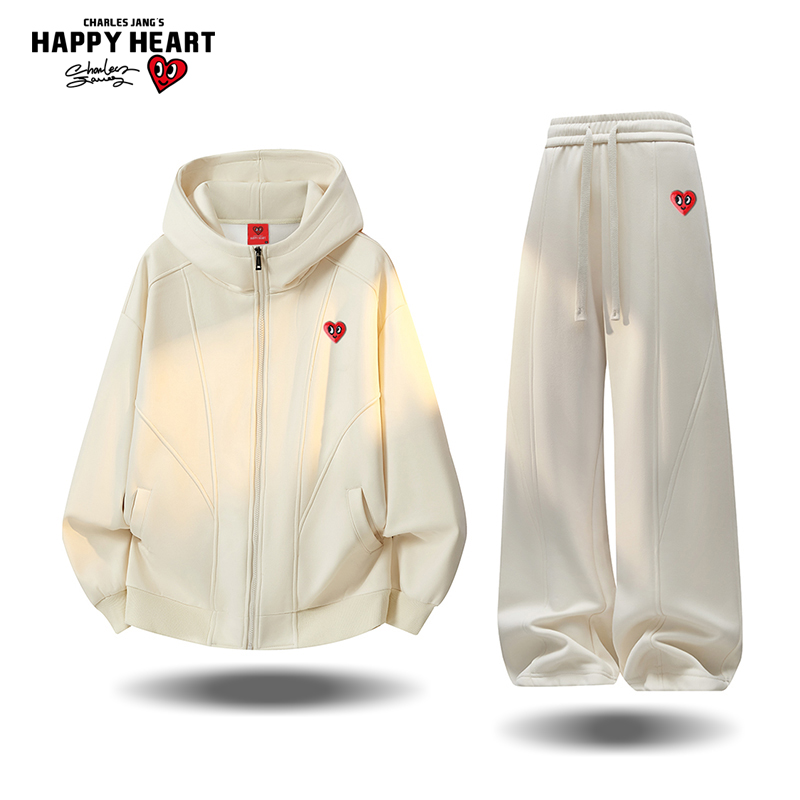 查尔斯桃心 美式解构加绒套装男女秋冬季加厚开衫卫衣休闲运动裤