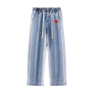 查尔斯桃心 侧边磨白牛仔裤男2025新款夏季直筒宽松爱心刺绣长裤