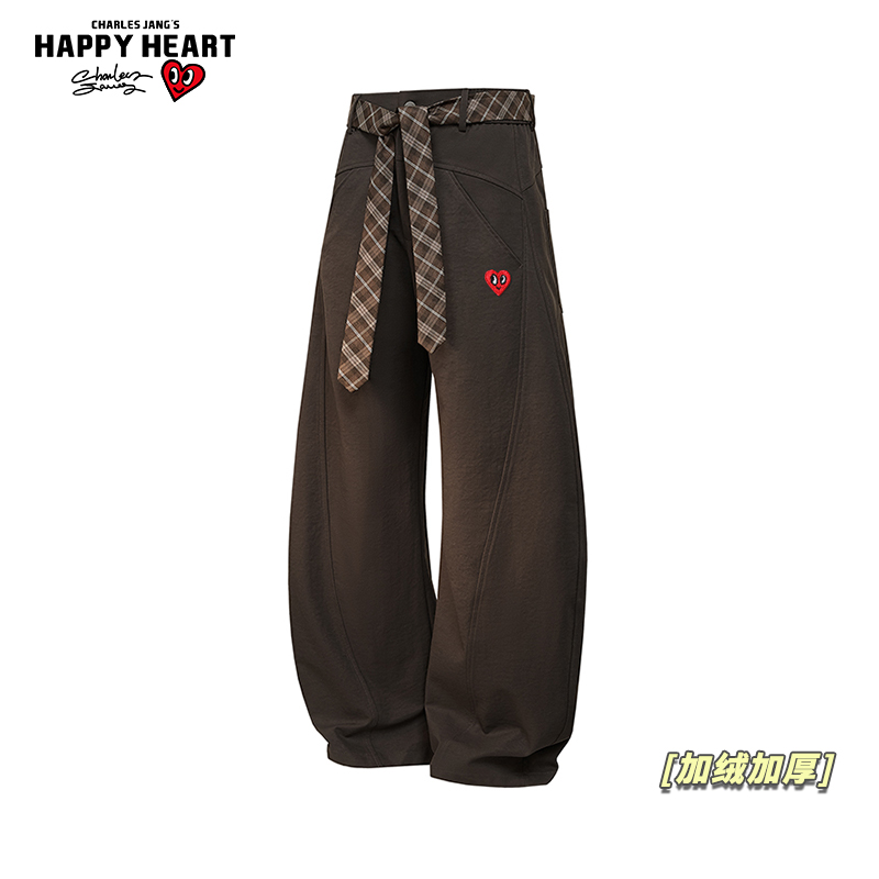 查尔斯桃心美式弯刀加绒加厚休闲裤男女冬季宽松情侣直筒长裤子潮