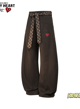 查尔斯桃心美式弯刀加绒加厚休闲裤男女春秋冬季情侣直筒长裤子潮
