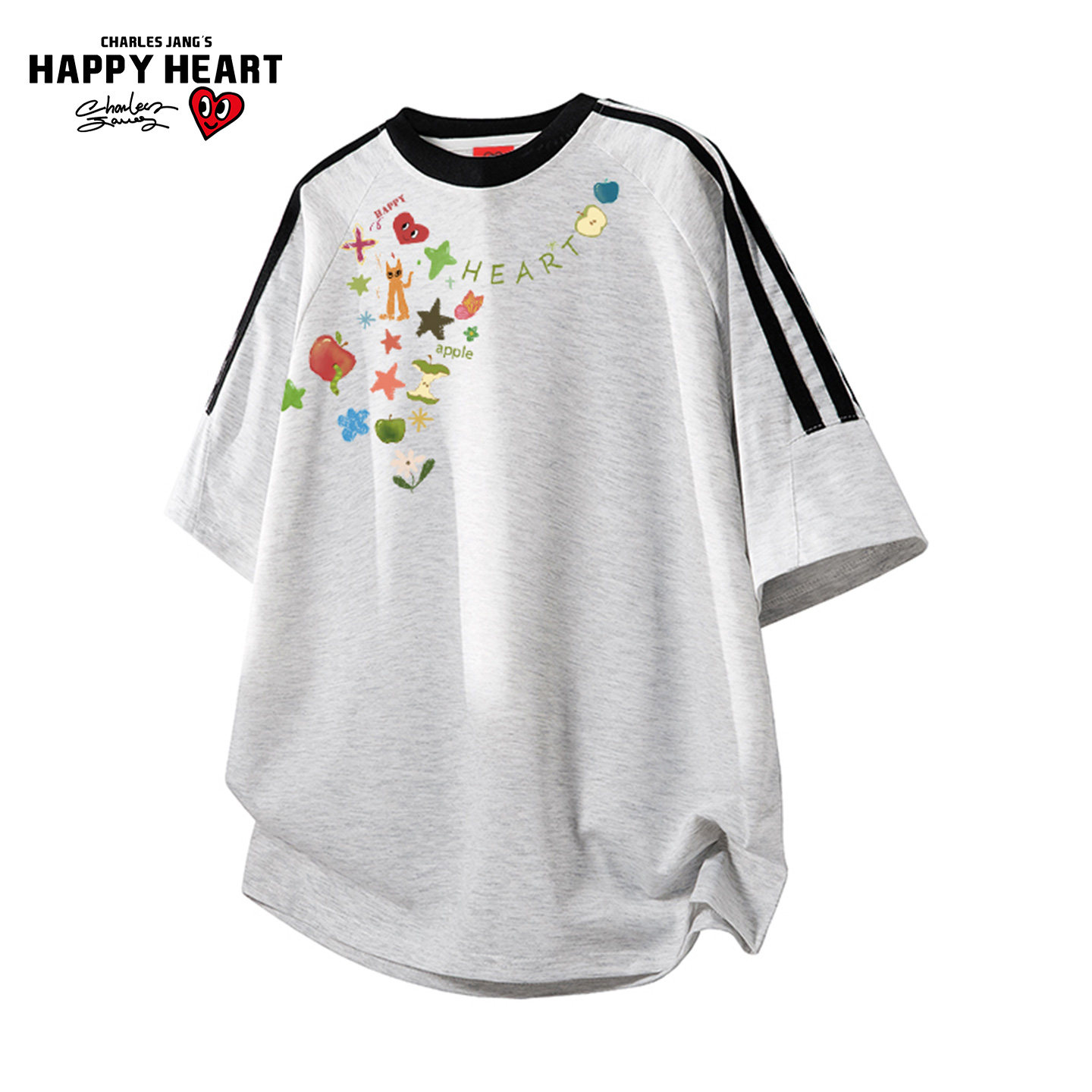 查尔斯桃心美式圆领短袖T恤男夏季拼色条纹涂鸦印花休闲情侣上衣