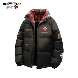 查尔斯桃心徽章印花立领拼接羽绒服男女冬季新款保暖休闲加厚外套
