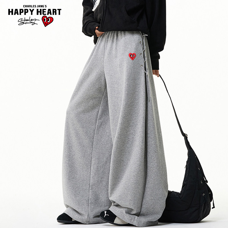 查尔斯桃心美式复古压褶系带卫裤男女秋季新款宽松垂感阔腿休闲裤,男装,休闲裤,淘宝优惠券,粉丝福利购,淘宝优惠卷