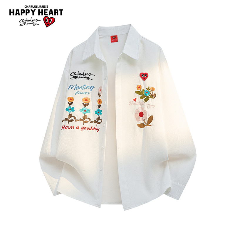 查尔斯桃心花卉刺绣白色衬衫男女春秋季百搭休闲宽松长袖衬衣外套