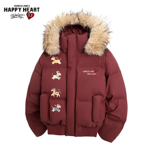 查尔斯桃心红色圣诞马年棉衣男连帽冬季新款潮牌情侣面包棉服外套