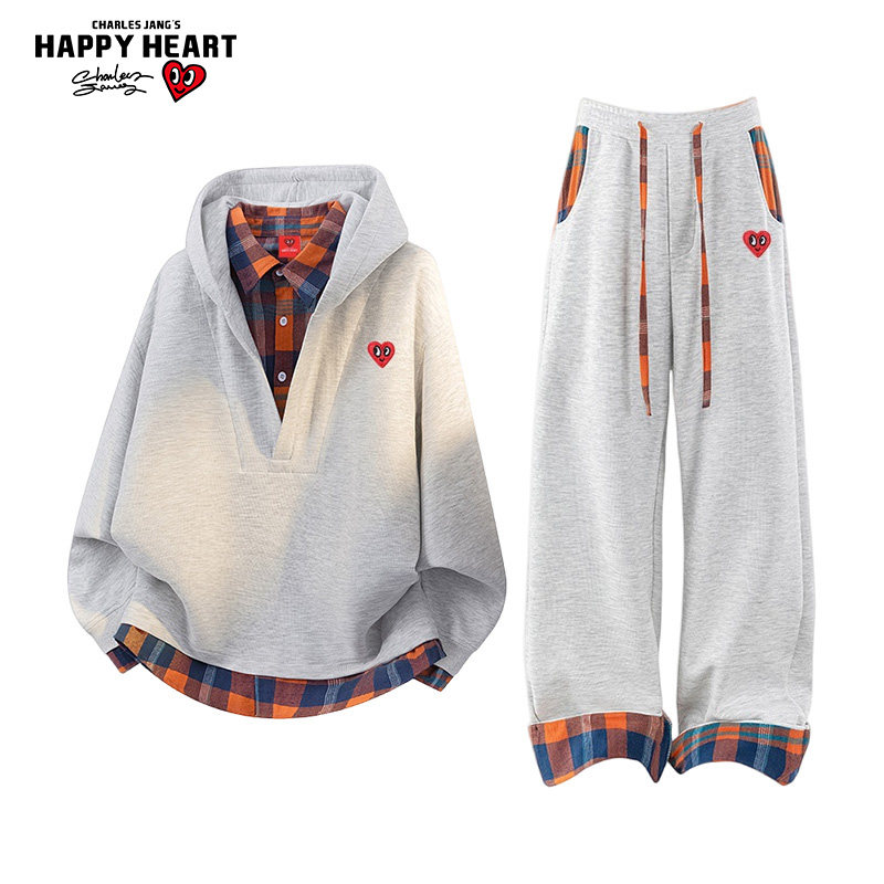 查尔斯桃心 美式格子拼接休闲套装男假两件连帽卫衣直筒休闲长裤