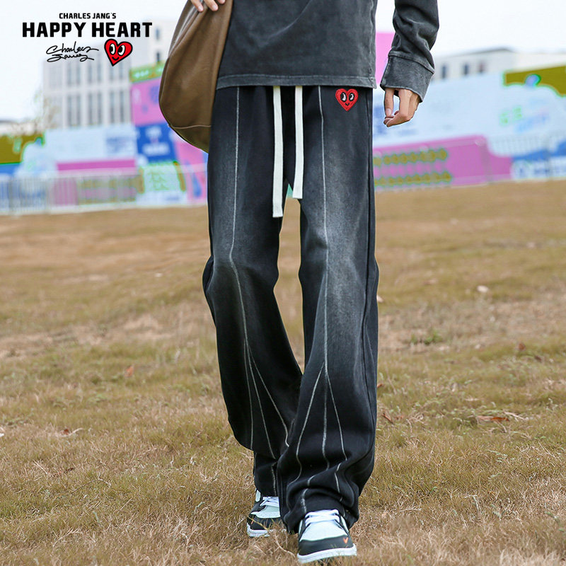 查尔斯桃心 美式线条牛仔裤男直筒微喇弯刀抽绳百搭痞帅休闲长裤