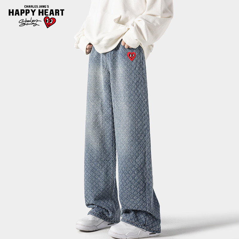 查尔斯桃心 美式星空纹牛仔裤男2025新款春秋季宽松直筒水洗长裤