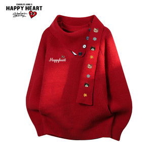 查尔斯桃心小猫印花围巾领上衣男女冬季新款保暖休闲针织衫毛衣潮