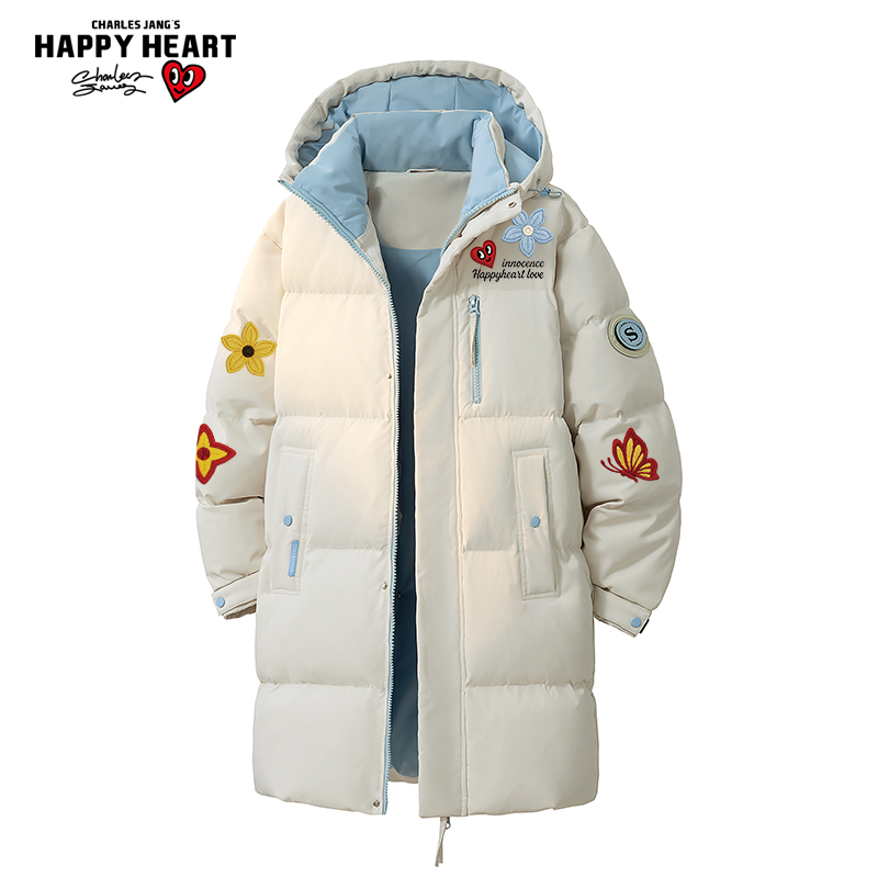 查尔斯桃心 花卉蝴蝶印花中长款棉服男冬季撞色加厚保暖过膝外套