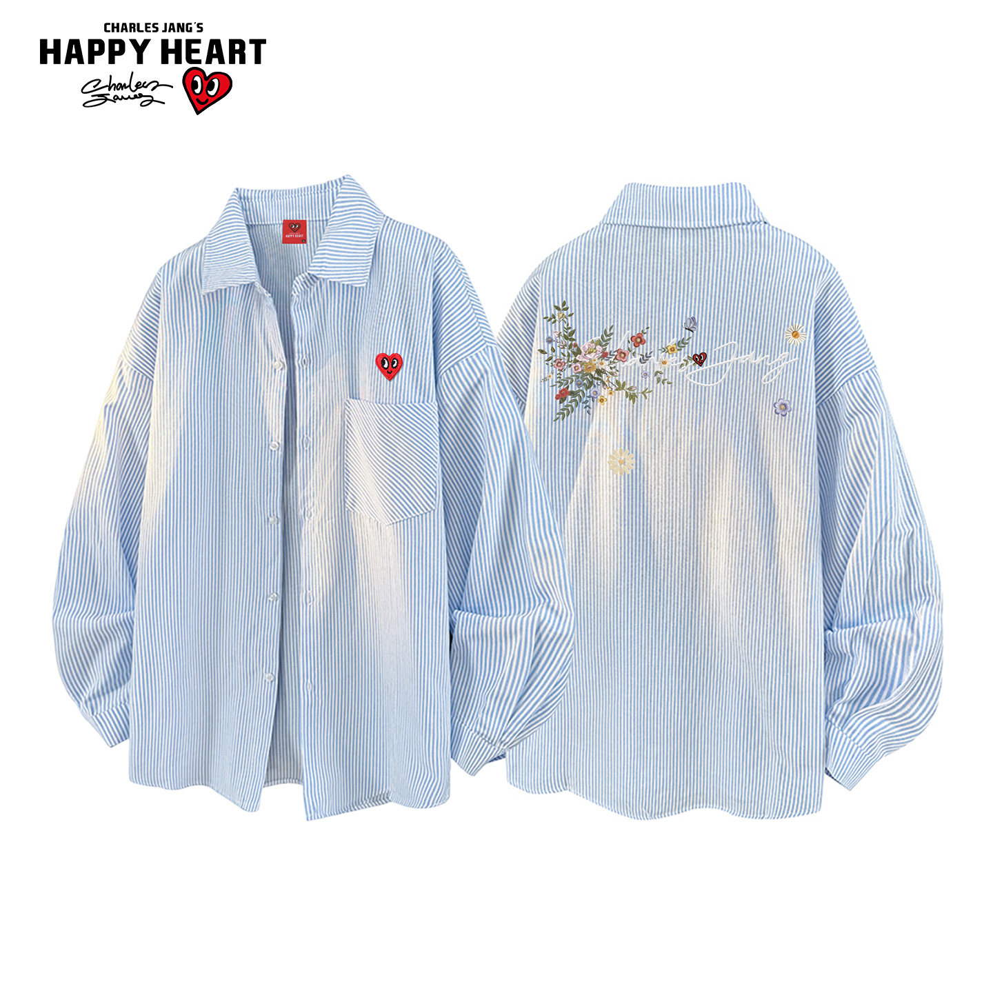 查尔斯桃心花卉条纹长袖衬衫男女春秋季宽松休闲百搭情侣衬衣外套