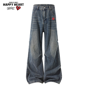查尔斯桃心牛仔裤男款春秋冬季美式高街复古铆钉褶皱宽松阔腿长裤