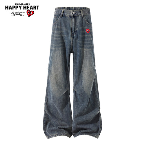 查尔斯桃心加绒加厚牛仔裤男款冬季美式复古铆钉褶皱宽松阔腿长裤